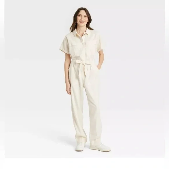 Universal Thread Women's Short Sleeve Linen Boilersuit Casual Jumpsuit Size 8 - Picture 1 of 16